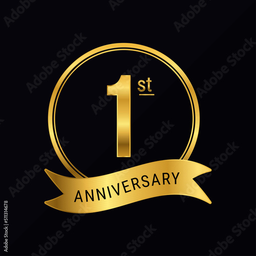 1st anniversary logo golden color for celebration event, wedding, greeting card, invitation, round stamp