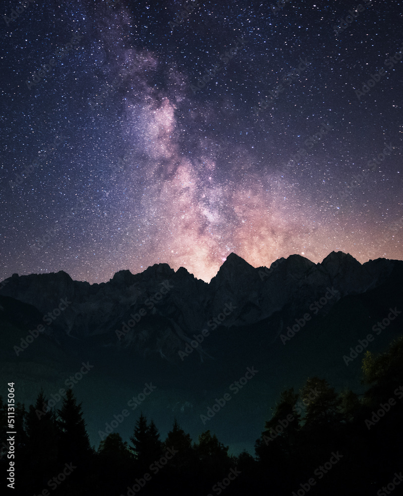 Milky Way above Vrsic mountain pass in Julian Alps in Slovenia
