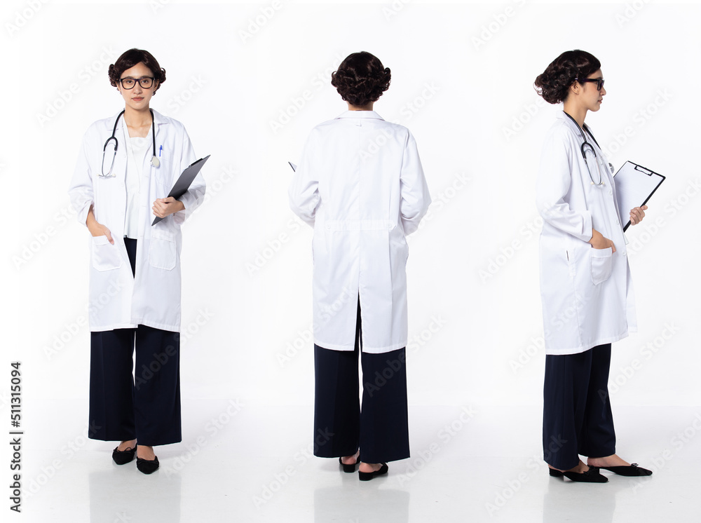 Full length 30s 40s Asian Woman Doctor with stethoscope, 360 front side back rear Full length 30s 40s Asian Woman Doctor with stethoscope, 360 front side back rear