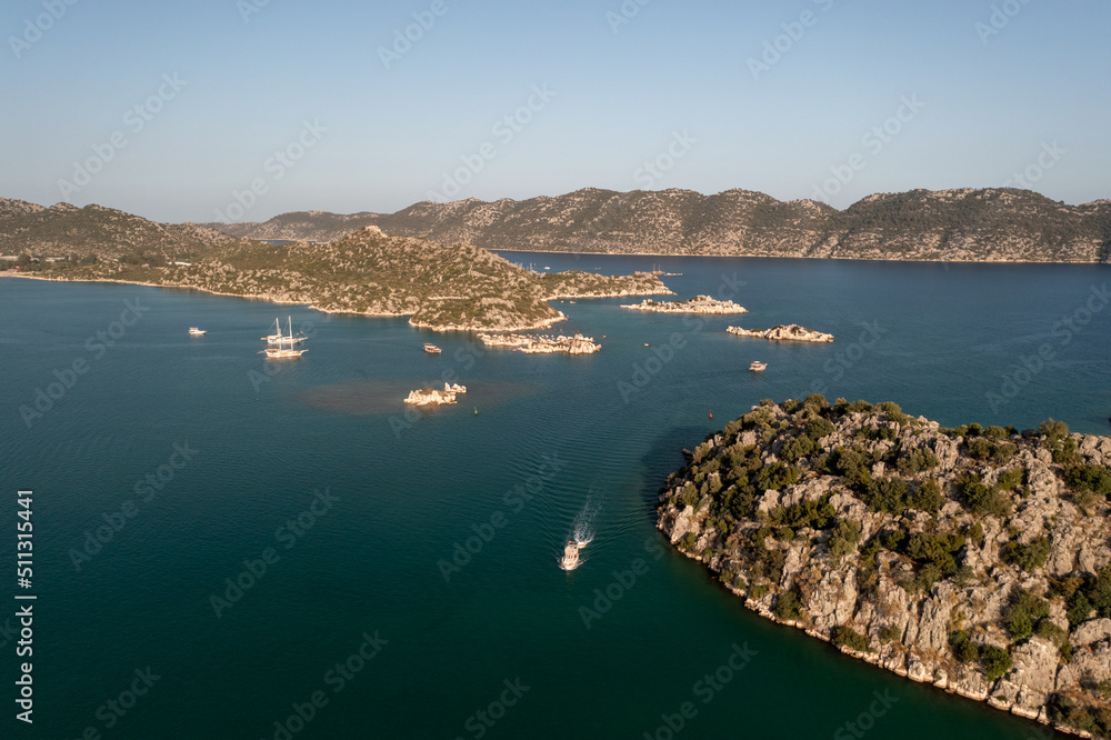 stunning nature's wonder scene at desirable holiday destination , turquoise water beach marina yachts aerial drone Kekova Antalya