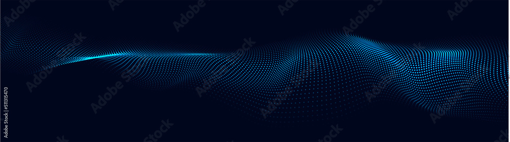A moving digital 3d wave. Futuristic dark background with dynamic blue particles. The concept of big data. Cyberspace. Vector illustration.