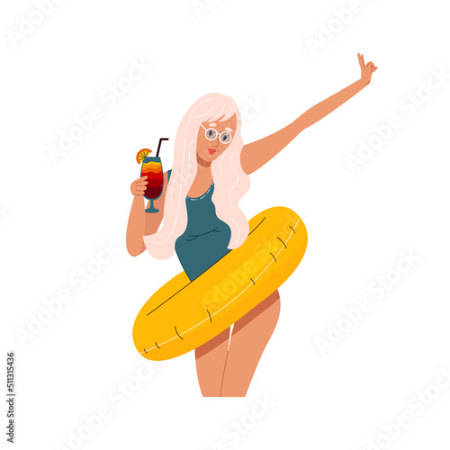 Young cheerful woman in one-piece swimsuit and float circle holding chilling drink. Happy girl ready to pool party. Color flat cartoon vector illustration isolated on white background