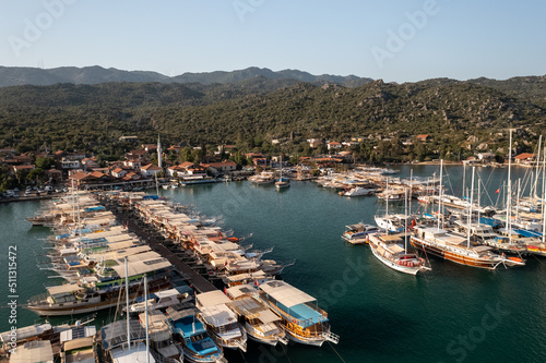 stunning nature's wonder scene at desirable holiday destination , turquoise water beach marina yachts aerial drone Kekova Antalya © Demir