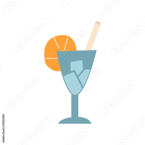 Cute vector illustration with blue cocktail martini with orange fruit slice and straw. Summer illustration on isolated background