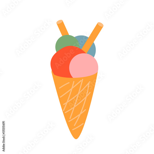 Cute waffle cone with different colorful balls of ice cream and tubes. Vector flat illustration on isolated background