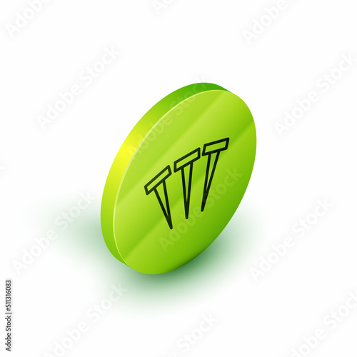 Isometric line Metallic nails icon isolated on white background. Green circle button. Vector