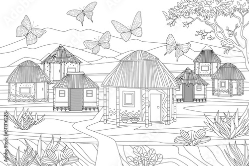 african village landscape with traditional huts for your colorin