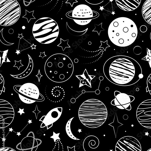 Seamless space background. White planets, stars, constellations and rockets on a black background. The vector illustration is isolated.
