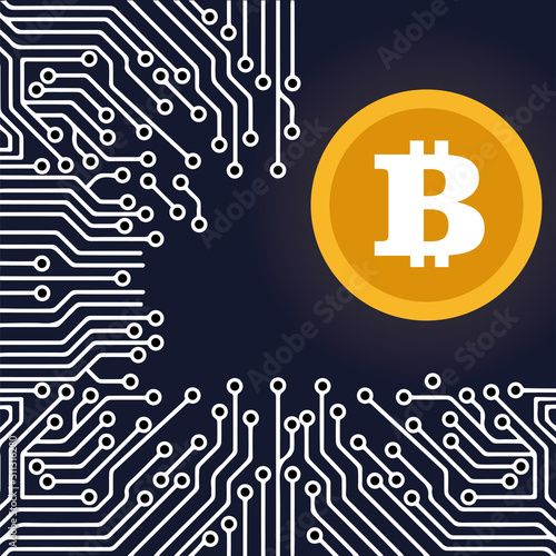 bitcoin coin on the background of electrical printed circuit