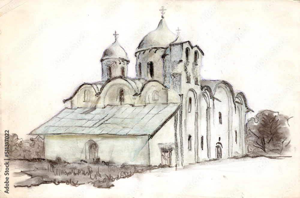 An ancient church in Ivanovsky monastery with traditional belfry wall in the city of Pskov, Russia. Sketch drawn by watercolor and colored crayons - obrazy, fototapety, plakaty 