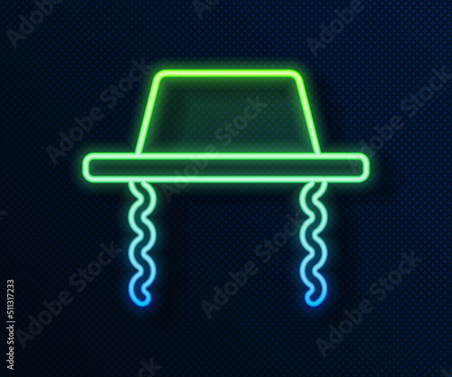 Glowing neon line Orthodox jewish hat with sidelocks icon isolated on blue background. Jewish men in the traditional clothing. Judaism symbols. Vector