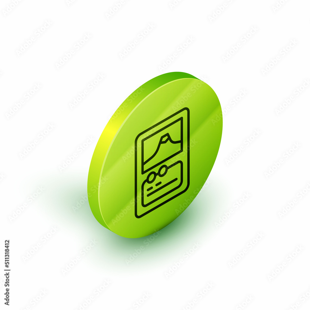 Isometric line Card game collection icon isolated on white background. Fantasy ui kit with magic items. Green circle button. Vector Isometric line Card game collection icon isolated on white background. Fantasy ui kit with magic items. Green circle button. Vector