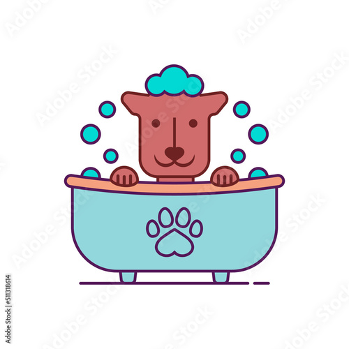 The dog having bath. The dog  is washing in the bathtub. Outline and line style. Isolated colored vector illustration on white background.
