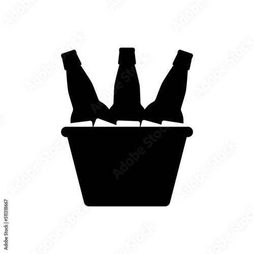 Bottles of beer in a metal bucket with ice cubes. Black silhouette. Illustration and icon on a white background. 