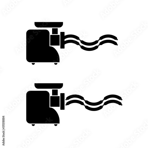 Electric meat grinder with sausage. Black silhouette. Isolated vector illustration on white background.