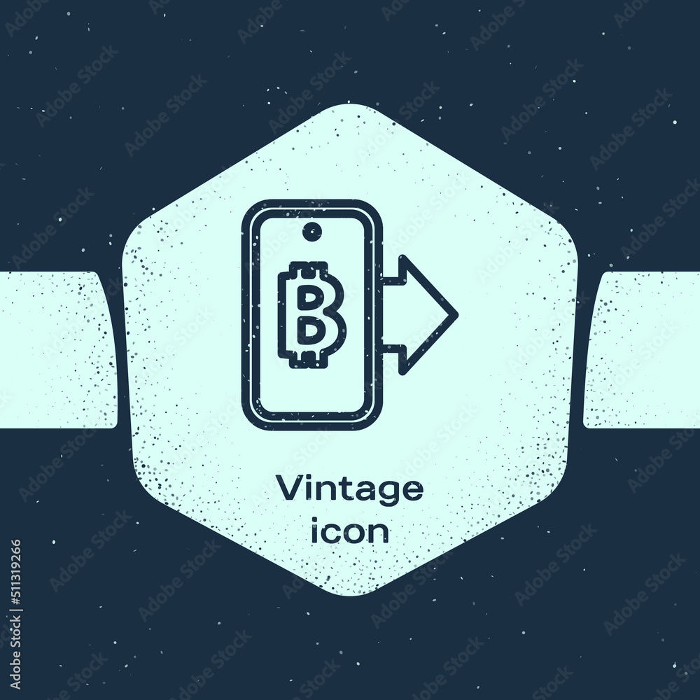 Grunge line Mining bitcoin from mobile icon isolated on blue background. Cryptocurrency mining, blockchain technology service. Monochrome vintage drawing. Vector Grunge line Mining bitcoin from mobile icon isolated on blue background. Cryptocurrency mining, blockchain technology service. Monochrome vintage drawing. Vector
