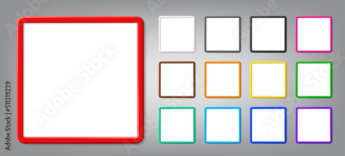 Collection of realistic thin square frame mockup with shadow. Modern vector 3d graphic illustration. Blank photo border with rounded corners for business and marketing concept presentation