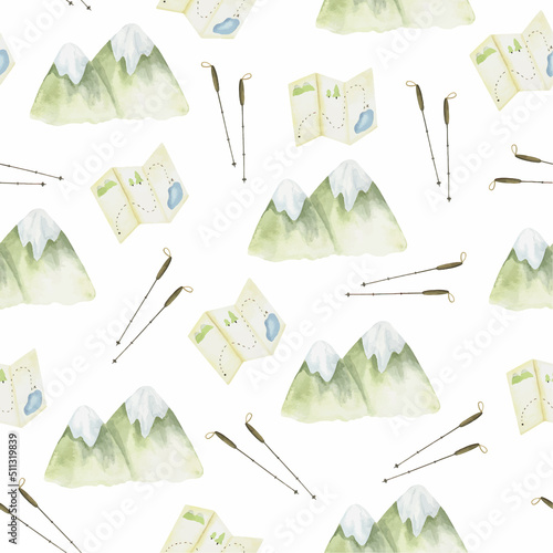 seamless pattern for hiking in the mountains. Seamless vector watercolor pattern. Equipment for mountain hikes. Mountains, tourist map, Nordic walking sticks, hiking equipment