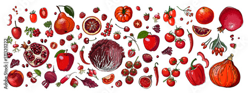 Food vector Red Colored vegetables and fruits on a white background. Tomato, pumpkin, dragon fruit, pomegranate, pepper, paprika, berries