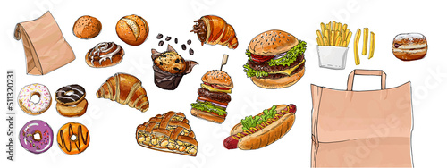 Food vector delivery, burgers, fast food, french fries, bread and pastries, buns, donuts, croissants