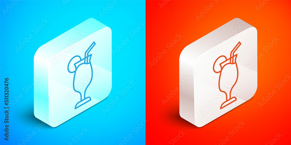 Isometric line Cocktail and alcohol drink icon isolated on blue and red background. Silver square button. Vector Isometric line Cocktail and alcohol drink icon isolated on blue and red background. Silver square button. Vector