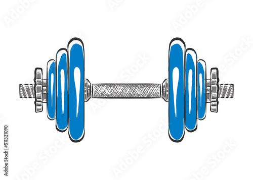 Vector engraved style gym or fitness illustration for posters, logo, decoration and print. Hand drawn sketch of dumbbell isolated on white background. Detailed vintage woodcut style.