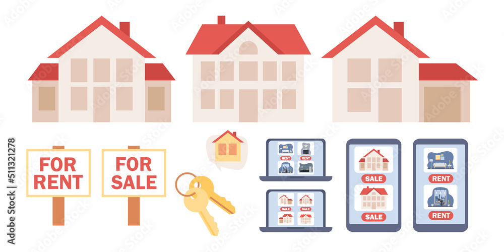Real estate services icon set. House for sale, house for rent, residential real estate market, rental ads. Vector flat illustration 
