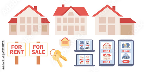 Real estate services icon set. House for sale, house for rent, residential real estate market, rental ads. Vector flat illustration 
