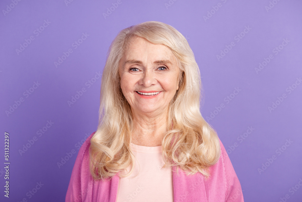 Photo of aged woman toothy smile visit dentist oral care hygiene cavity protection isolated over purple color background Photo of aged woman toothy smile visit dentist oral care hygiene cavity protection isolated over purple color background