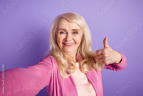 Wallpaper Mural Photo of mature woman show thumb-up approve suggest make selfie vacation isolated over purple color background Torontodigital.ca