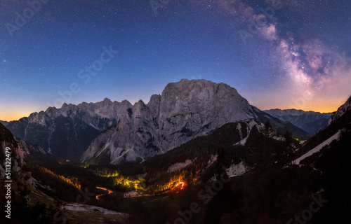 Milky Way above Vrsic mountain pass in Julian Alps in Slovenia