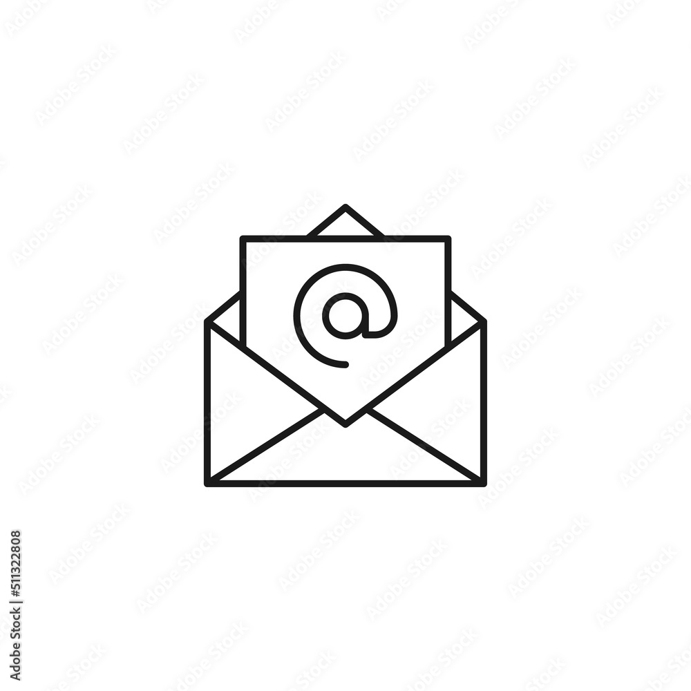 Post and letter monochrome sign. Outline symbol drawn with black thin line. Suitable for web sites, apps, stores, shops etc. Vector icon of at sign on letter in envelope