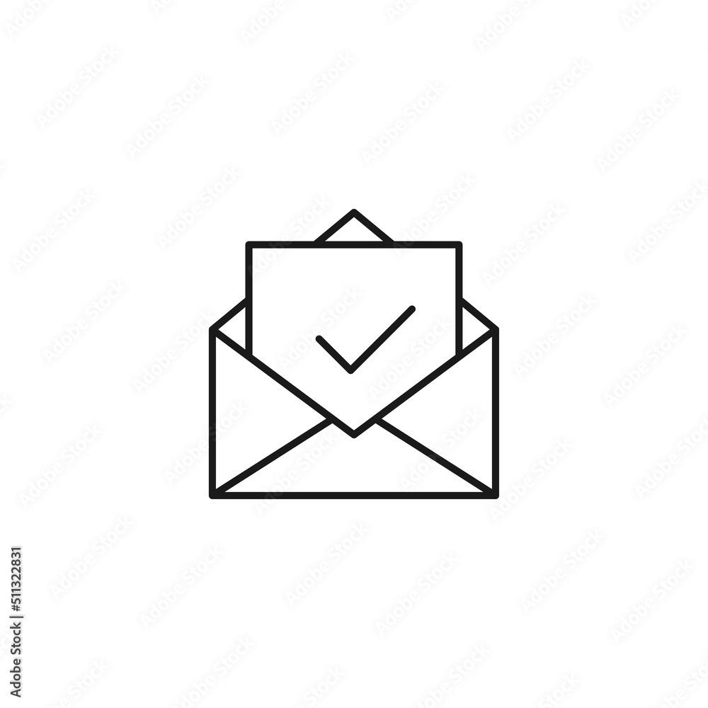 Post and letter monochrome sign. Outline symbol drawn with black thin line. Suitable for web sites, apps, stores, shops etc. Vector icon of checkmark on letter in envelope Post and letter monochrome sign. Outline symbol drawn with black thin line. Suitable for web sites, apps, stores, shops etc. Vector icon of checkmark on letter in envelope