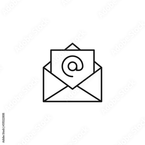 Post and letter monochrome sign. Outline symbol drawn with black thin line. Suitable for web sites, apps, stores, shops etc. Vector icon of at sign on letter in envelope