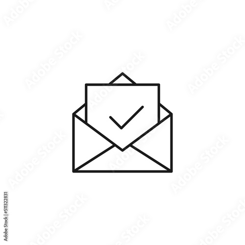 Post and letter monochrome sign. Outline symbol drawn with black thin line. Suitable for web sites, apps, stores, shops etc. Vector icon of checkmark on letter in envelope