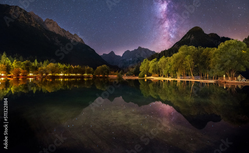 Jasna Lake in Julian Alps with night sky and Milky Way