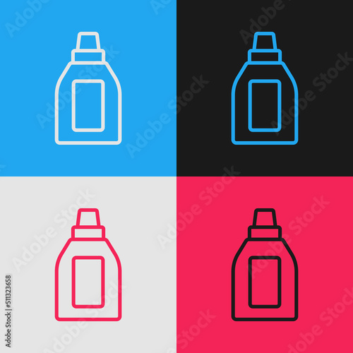 Pop art line Plastic bottle for laundry detergent, bleach, dishwashing liquid or another cleaning agent icon isolated on color background. Vector