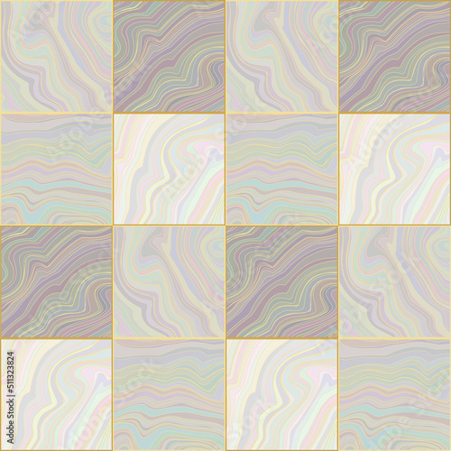 Abstract geometric seamless pattern. Square tiles with marble, liquid, fluid wavy texture. Gold, pink, light blue, gray colors