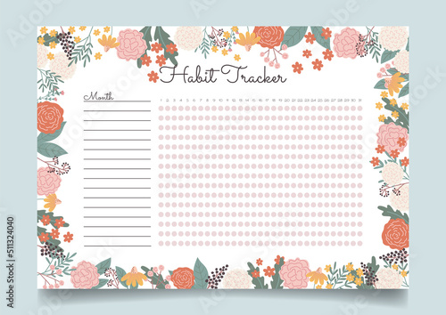 Monthly habit planner blank template with hand draw flowers.Bullet journal template