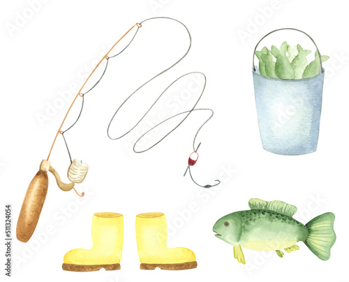 a set of watercolors for fishing. Illustration on the theme of river fish. Fishing rod with a hook, fish, boots and a bucket with a catch painted in watercolor