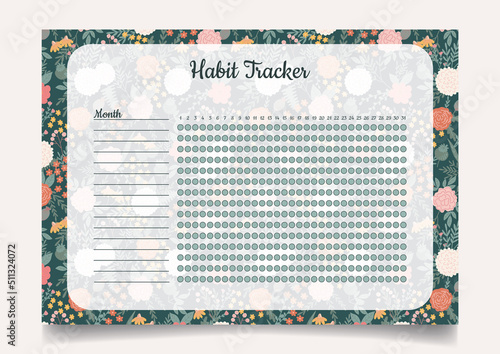 Monthly habit planner blank template with hand draw flowers.Bullet journal template