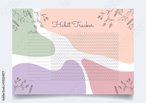 Monthly habit planner blank template with hand drawn flowers and abstract background. Bullet magazine template..