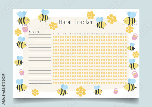 Monthly habit planner blank template with hand drawn bees and honeycombs. Bullet magazine template with summer concept.