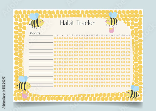 Monthly habit planner blank template with hand drawn bees and honeycombs background. Bullet magazine template with summer concept.