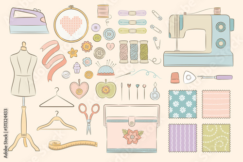 Vector hand drawn style sewing retro set. Collection of sewing tools and equipment for dressmaking, tailoring, needlecraft, hobby