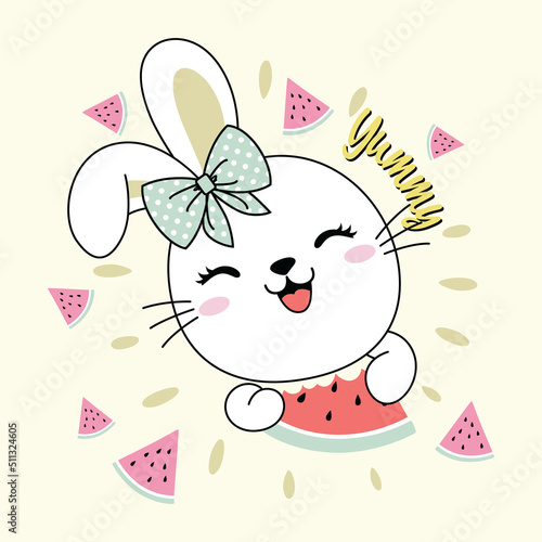 cute bunny with watermelon vector