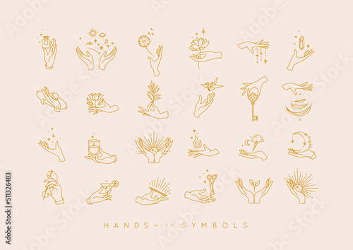 Hands in different positions with symbols and elements moon, sun, flowers, perfume, fire, cocktail, origami, key, stone, leaf, drawing in line style on light background.