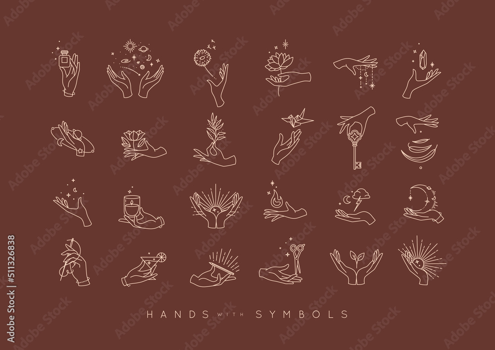 Hands in different positions with symbols and elements moon, sun, flowers, perfume, fire, cocktail, origami, key, stone, leaf, drawing in line style on brown background. Hands in different positions with symbols and elements moon, sun, flowers, perfume, fire, cocktail, origami, key, stone, leaf, drawing in line style on brown background.