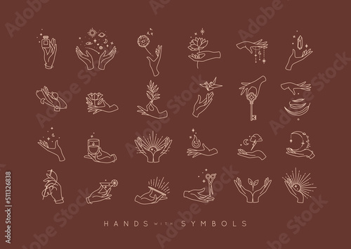 Hands in different positions with symbols and elements moon, sun, flowers, perfume, fire, cocktail, origami, key, stone, leaf, drawing in line style on brown background.