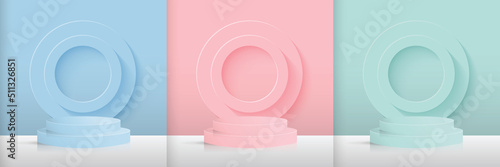 Print op canvas Set of blue, pink and green cylinder bases on stacked circle background